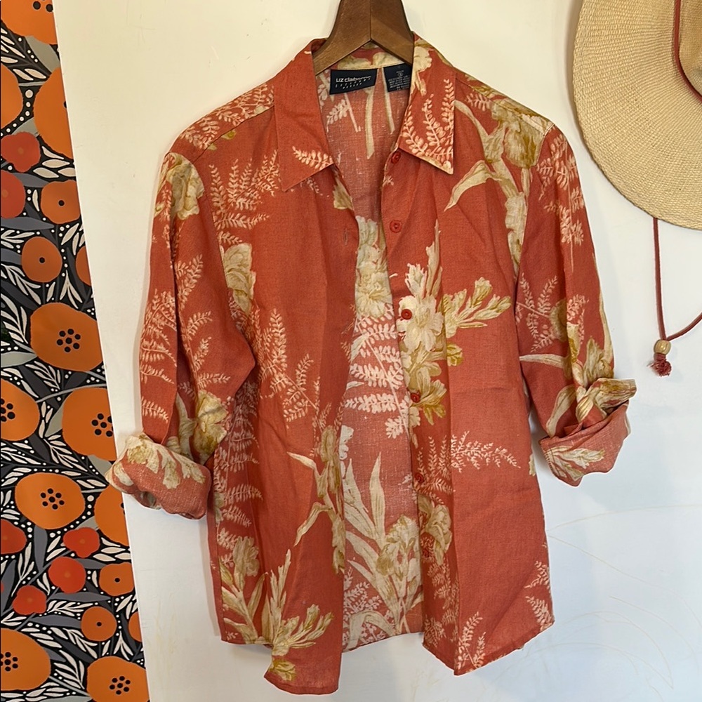 Liz Claiborne Orange and Cream Button Down Shirt | Vintage 100% Linen
